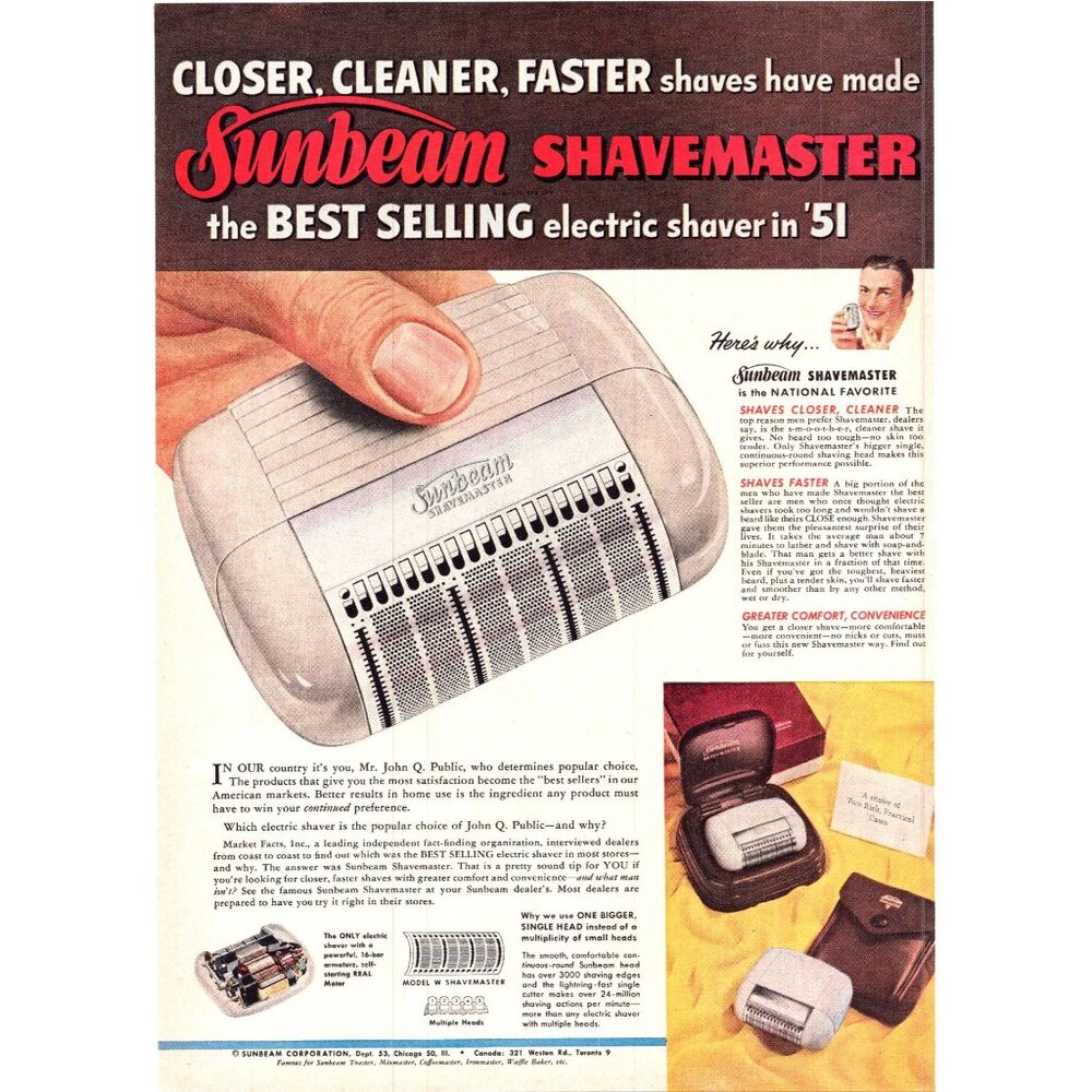 1951 Sunbeam Shavemaster Electric Razor Vintage Print Ad Men's Grooming Wall Art